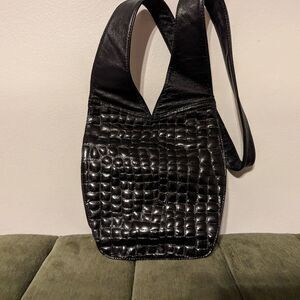 Vintage 80s St. Maarten Black Patent Leather Croco Embossed Crossbody Bag